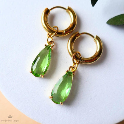 Light Green Crystal Earrings, Gold Teardrop Huggie, Elegant Drop Hoop Earrings, Peridot Style Jewelry, Minimalist