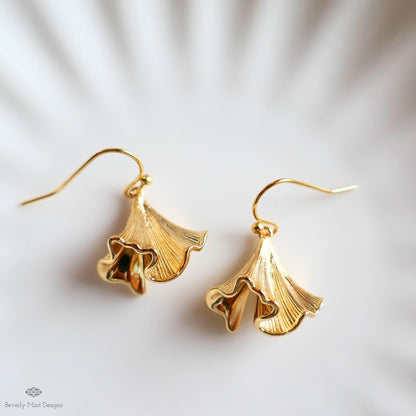 Gold Flower Earrings, Bell Bloom Dangles, Nature Inspired Jewelry, Elegant Hook Earrings, Botanical Drop, Sensitive Ear & Clip-On Options