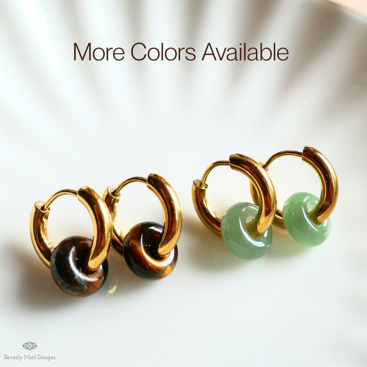 Chunky Gold Hoop Earrings with Green Aventurine Donut Charm, Modern Everyday Earrings, Natural Stone Jewelry,