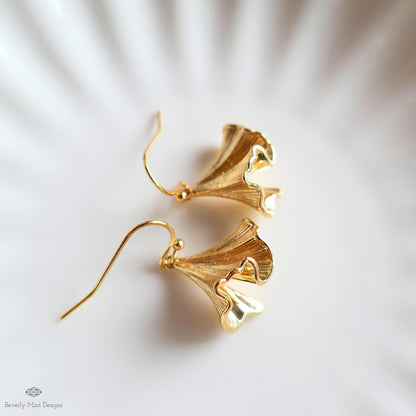 Gold Flower Earrings, Bell Bloom Dangles, Nature Inspired Jewelry, Elegant Hook Earrings, Botanical Drop, Sensitive Ear & Clip-On Options