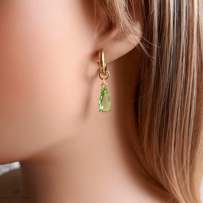 Light Green Crystal Earrings, Gold Teardrop Huggie, Elegant Drop Hoop Earrings, Peridot Style Jewelry, Minimalist