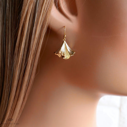 Gold Flower Earrings, Bell Bloom Dangles, Nature Inspired Jewelry, Elegant Hook Earrings, Botanical Drop, Sensitive Ear & Clip-On Options
