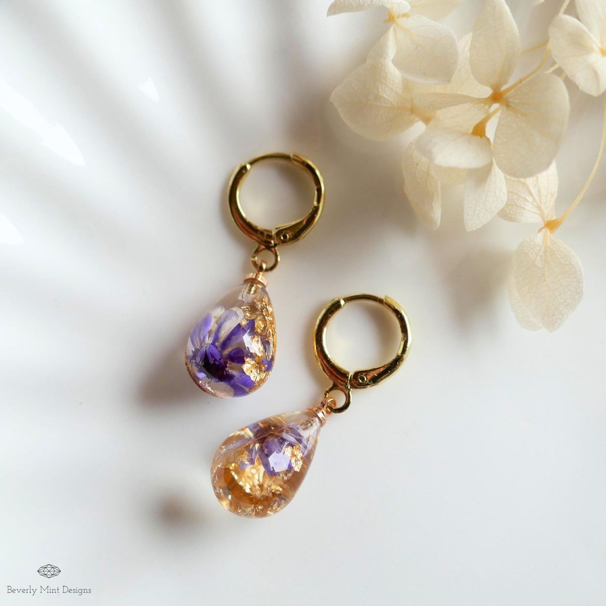 Pressed Flower Resin Earrings, Purple Floral Drop Earrings, Gold Flake Jewelry, Nature Inspired Jewelry, Sensitive Ear & Clip-On Options