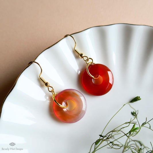 [Etsy 4410197376 image 1/7 id 7796789795] Red Agate Donut Earrings, Gold Hook Red Dangles, Minimalist Stone Jewelry
