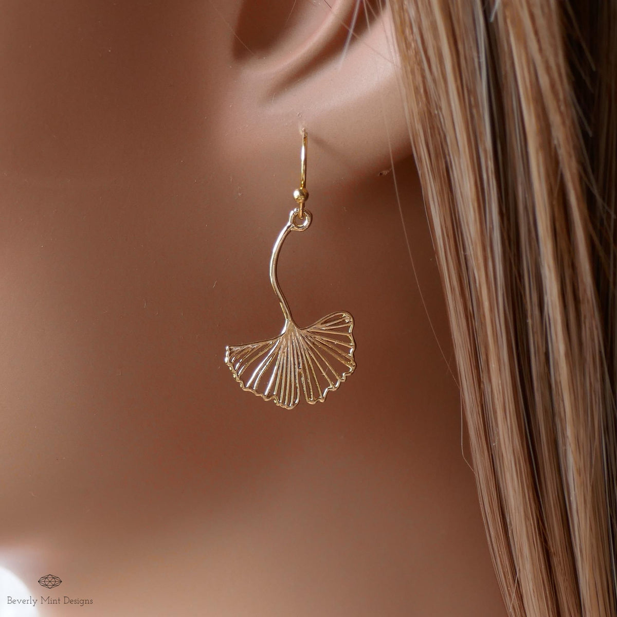 Gold Ginkgo Leaf Earrings, Botanical Dangle Earrings, Nature Inspired Jewelry, Delicate Hook Earrings, Sensitive Ear & Clip-On Options