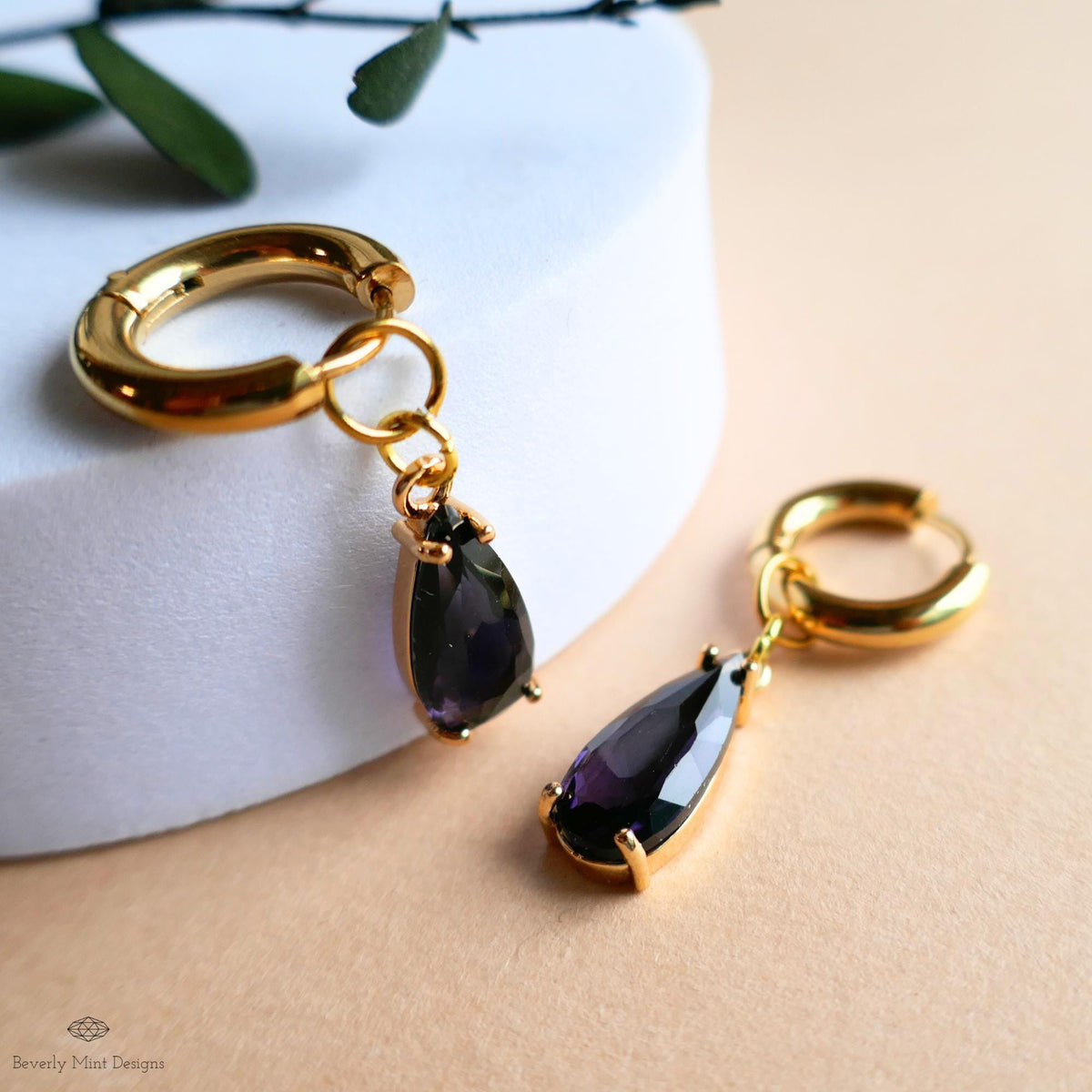 Purple Crystal Earrings, Gold Teardrop Huggie, Elegant Hoop Drop Earrings, Amethyst Look Jewelry, Minimalist