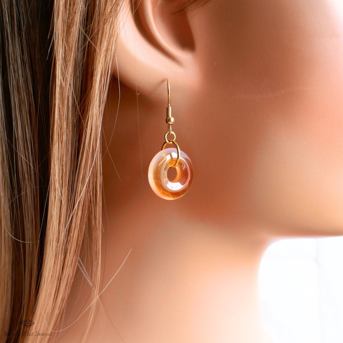 [Etsy 4410197376 image 3/7 id 7796789903] Red Agate Donut Earrings, Gold Hook Red Dangles, Minimalist Stone Jewelry
