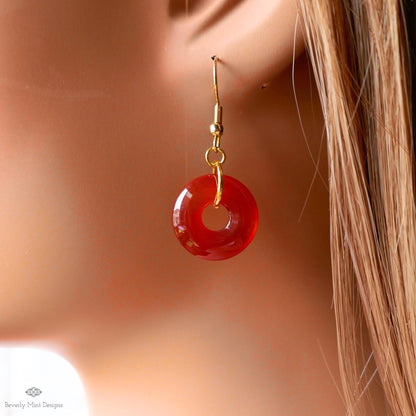 [Etsy 4410197376 image 4/7 id 7796789941] Red Agate Donut Earrings, Gold Hook Red Dangles, Minimalist Stone Jewelry
