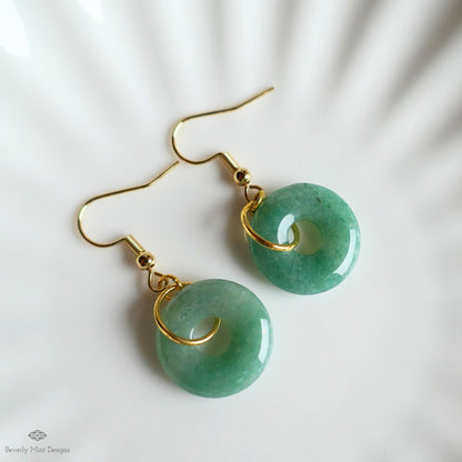 Green Aventurine Donut Earrings, Gold Hook Green Dangles, Minimalist Natural Stone Jewelry, Sensitive Ear & Clip-On Options