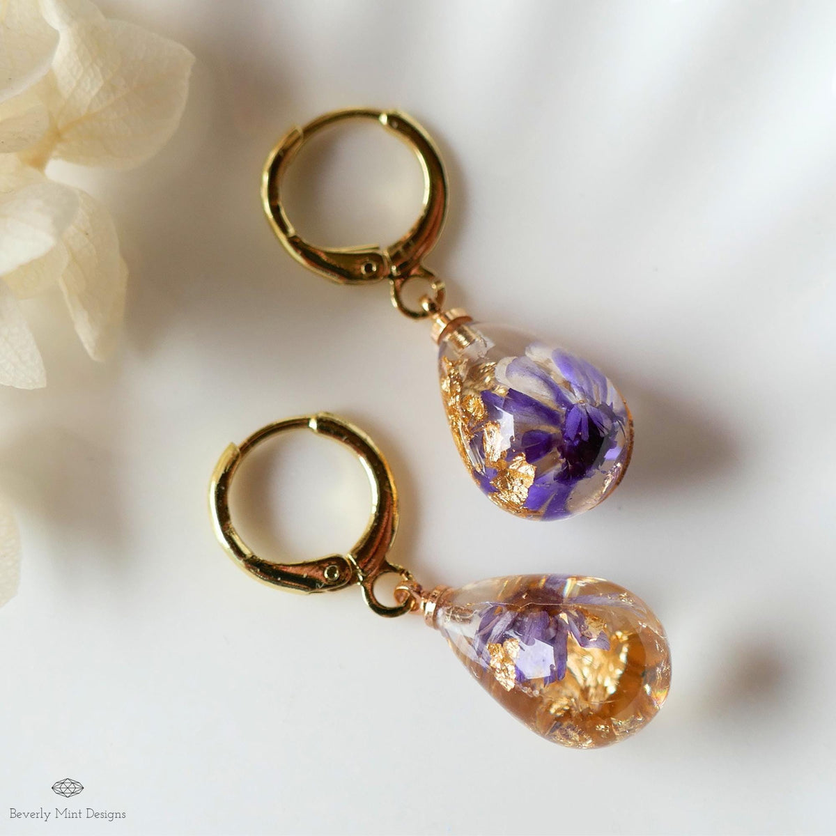 Pressed Flower Resin Earrings, Purple Floral Drop Earrings, Gold Flake Jewelry, Nature Inspired Jewelry, Sensitive Ear & Clip-On Options