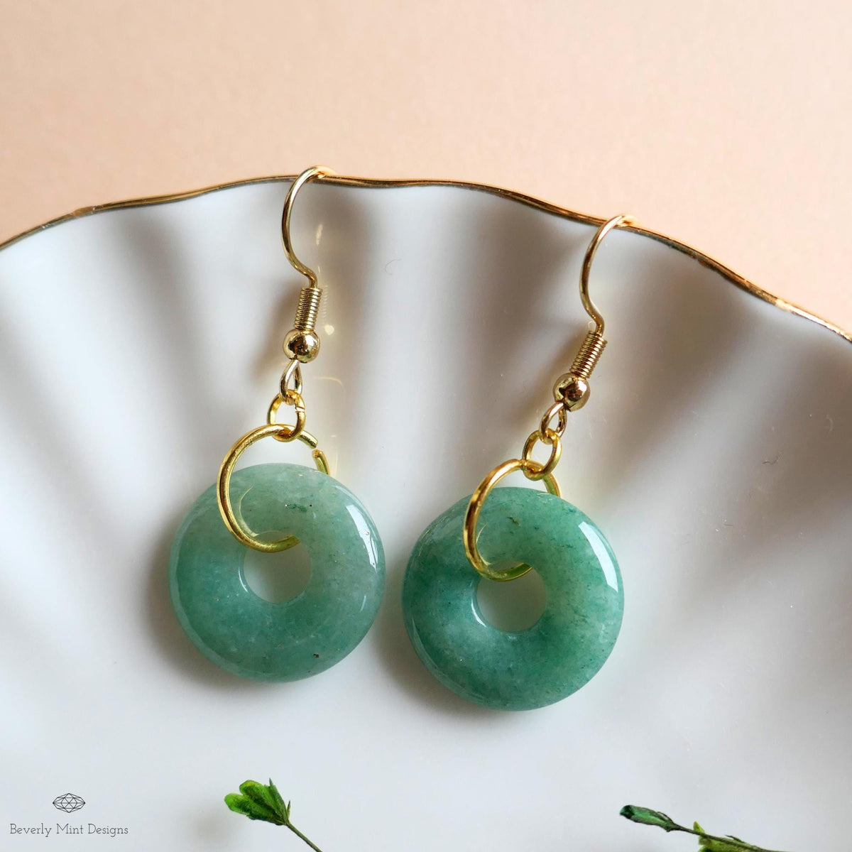 Green Aventurine Donut Earrings, Gold Hook Green Dangles, Minimalist Natural Stone Jewelry, Sensitive Ear & Clip-On Options