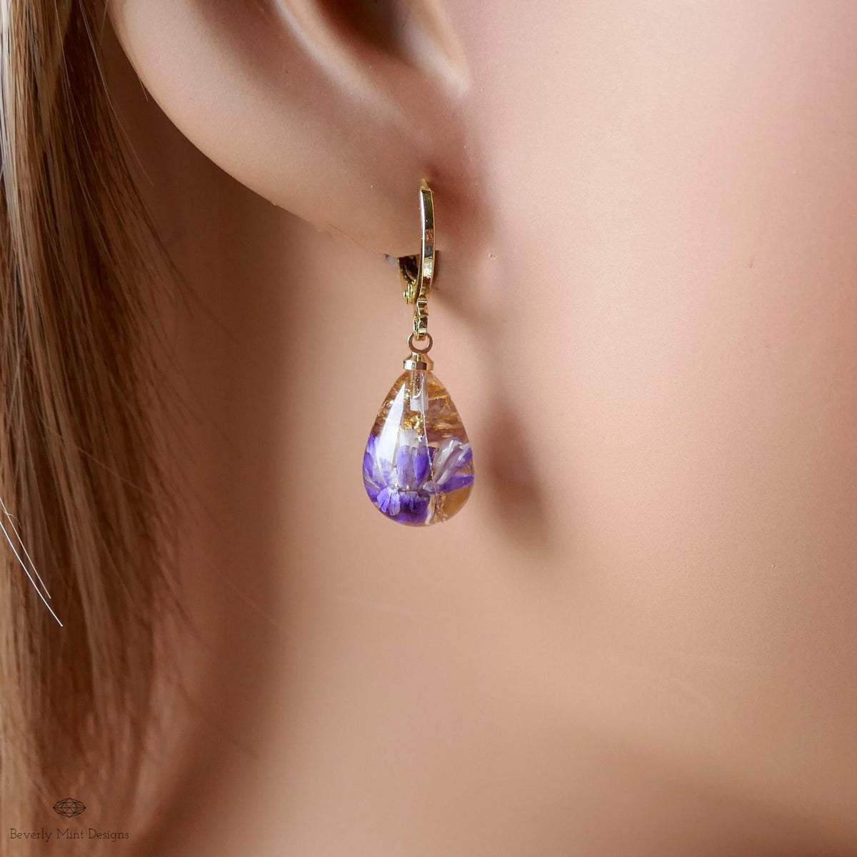 Pressed Flower Resin Earrings, Purple Floral Drop Earrings, Gold Flake Jewelry, Nature Inspired Jewelry, Sensitive Ear & Clip-On Options