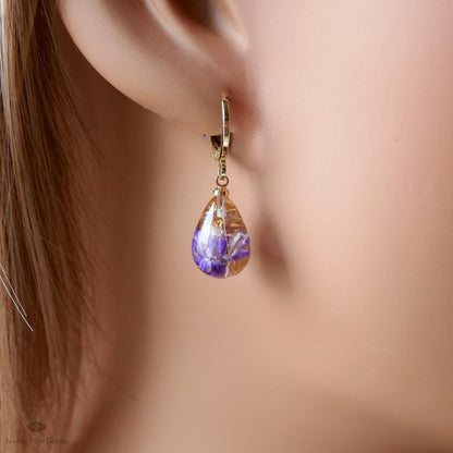 Pressed Flower Resin Earrings, Purple Floral Drop Earrings, Gold Flake Jewelry, Nature Inspired Jewelry, Sensitive Ear & Clip-On Options