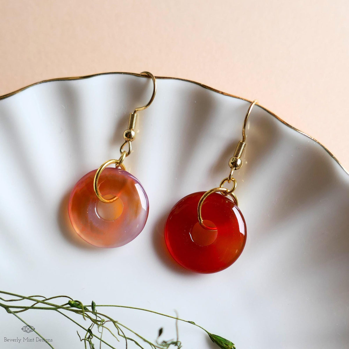 [Etsy 4410197376 image 6/7 id 7796790061] Red Agate Donut Earrings, Gold Hook Red Dangles, Minimalist Stone Jewelry