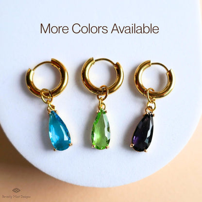 Purple Crystal Earrings, Gold Teardrop Huggie, Elegant Hoop Drop Earrings, Amethyst Look Jewelry, Minimalist