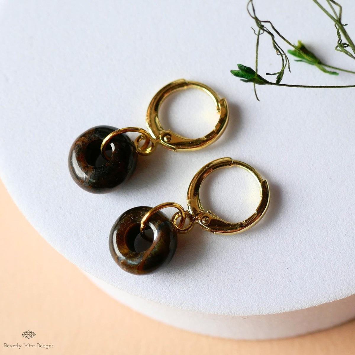 Gold Hoop Earrings with Tiger’s Eye Charm, Donut Stone Earrings, Minimalist Jewelry, Natural Everyday Hoops, Sensitive Ear & Clip-On Options