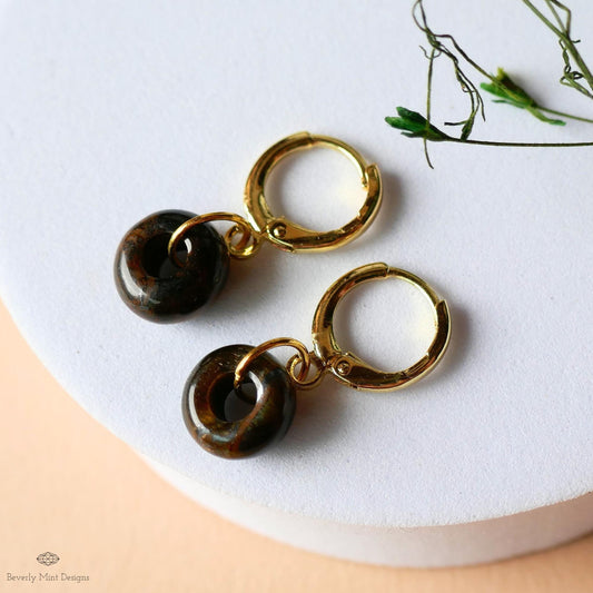 Gold Hoop Earrings with Tiger’s Eye Charm, Donut Stone Earrings, Minimalist Jewelry, Natural Everyday Hoops, Sensitive Ear & Clip-On Options