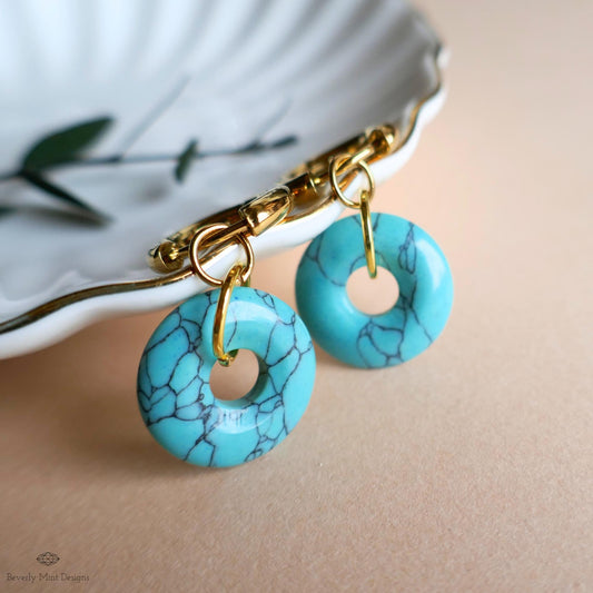 Blue Turquoise Donut Earrings, December Birthstone Hoops, Chunky Gold Earrings, Natural Stone Jewelry,