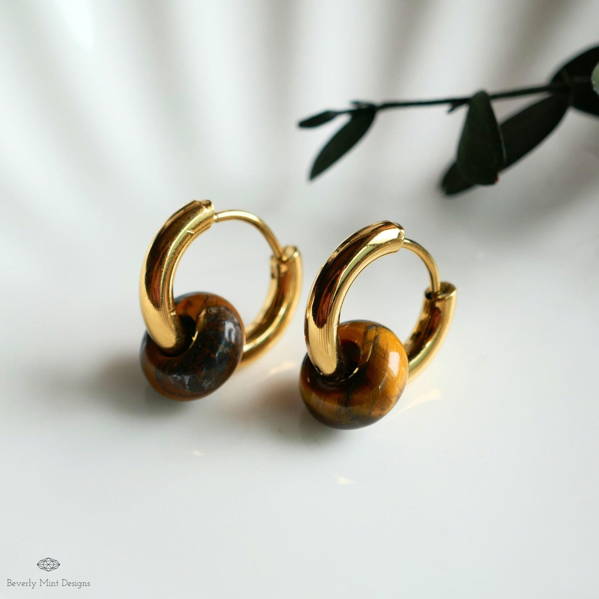 Chunky Gold Hoop Earrings with Tiger’s Eye Donut Charm, Modern Everyday Earrings, Natural Stone Jewelry,