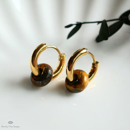 Chunky Gold Hoop Earrings with Tiger’s Eye Donut Charm, Modern Everyday Earrings, Natural Stone Jewelry,