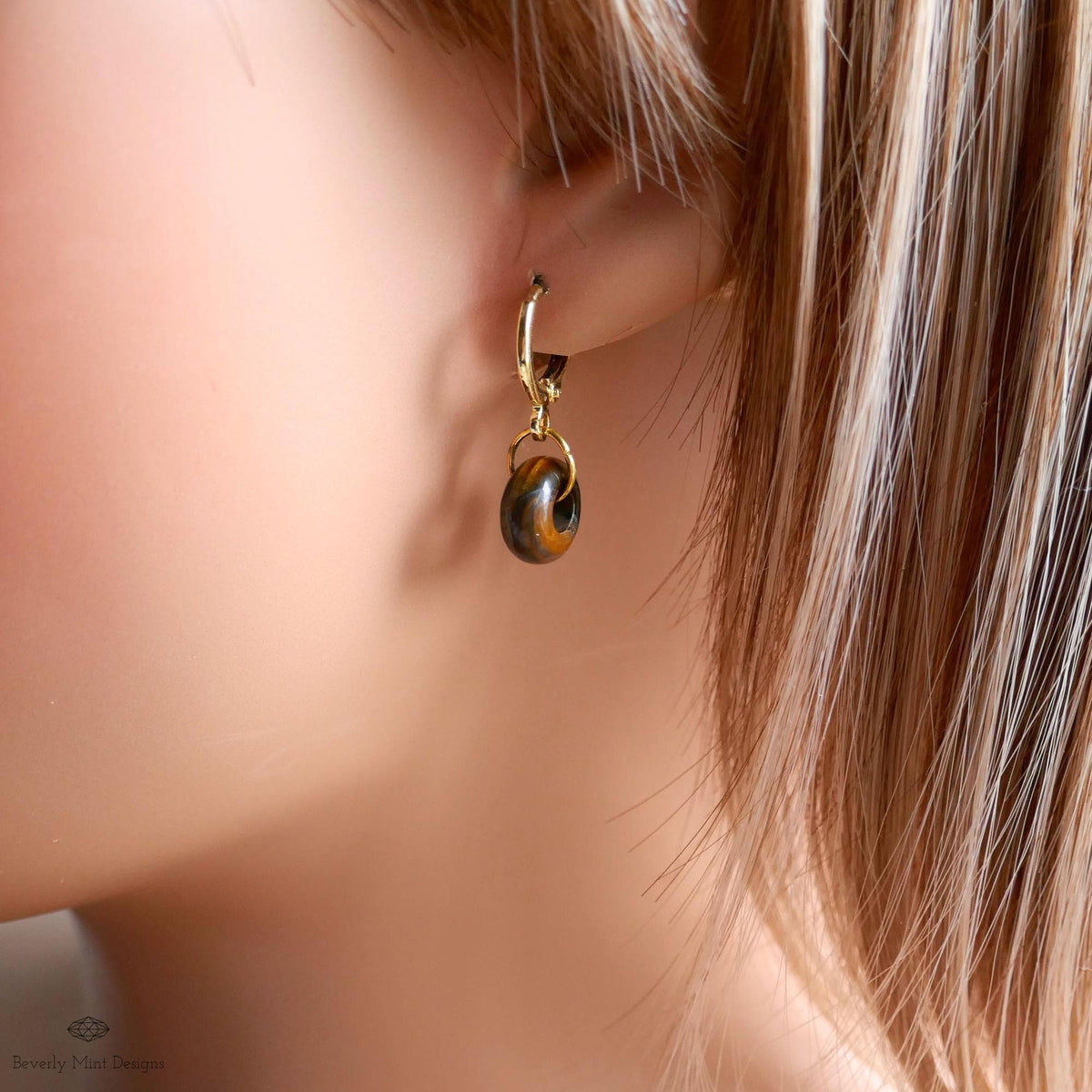 Gold Hoop Earrings with Tiger’s Eye Charm, Donut Stone Earrings, Minimalist Jewelry, Natural Everyday Hoops, Sensitive Ear & Clip-On Options