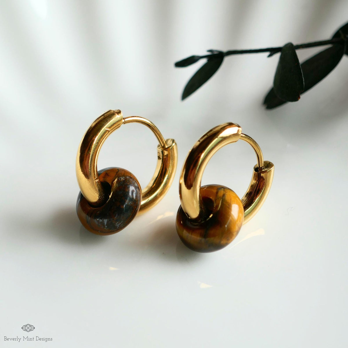 Chunky Gold Hoop Earrings with Tiger’s Eye Donut Charm, Modern Everyday Earrings, Natural Stone Jewelry,