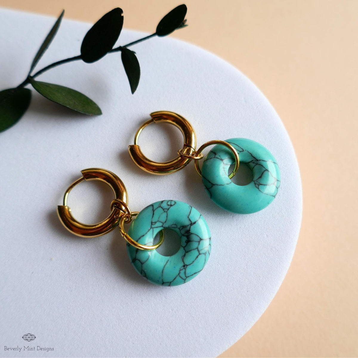 Blue Turquoise Donut Earrings, December Birthstone Hoops, Chunky Gold Earrings, Natural Stone Jewelry,