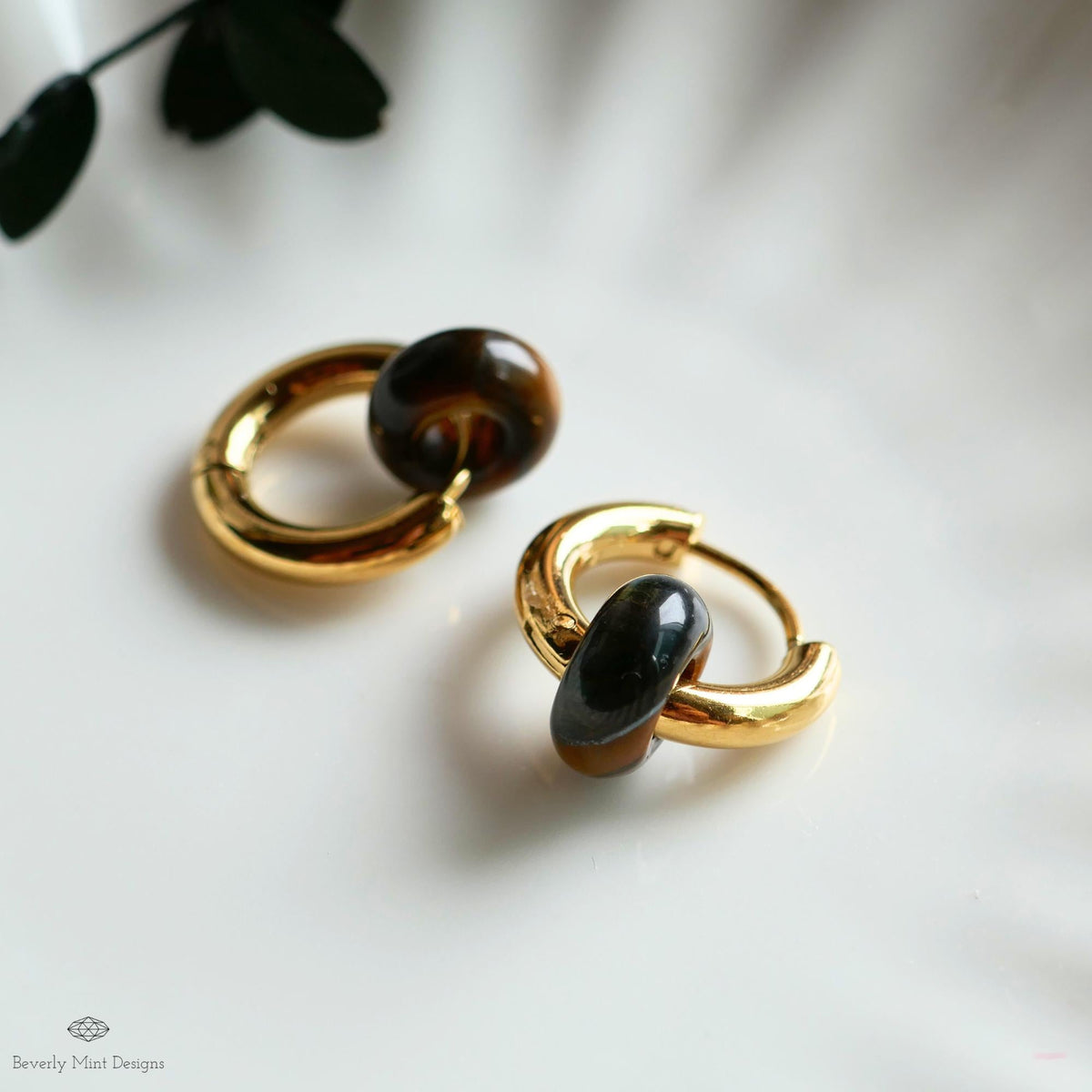 Chunky Gold Hoop Earrings with Tiger’s Eye Donut Charm, Modern Everyday Earrings, Natural Stone Jewelry,