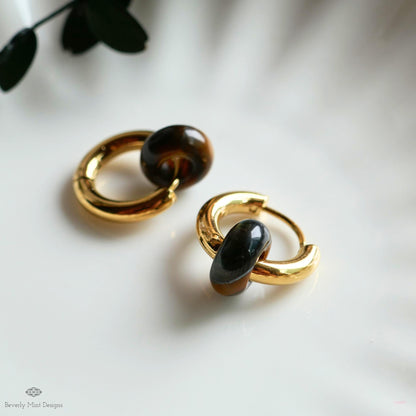 Chunky Gold Hoop Earrings with Tiger’s Eye Donut Charm, Modern Everyday Earrings, Natural Stone Jewelry,