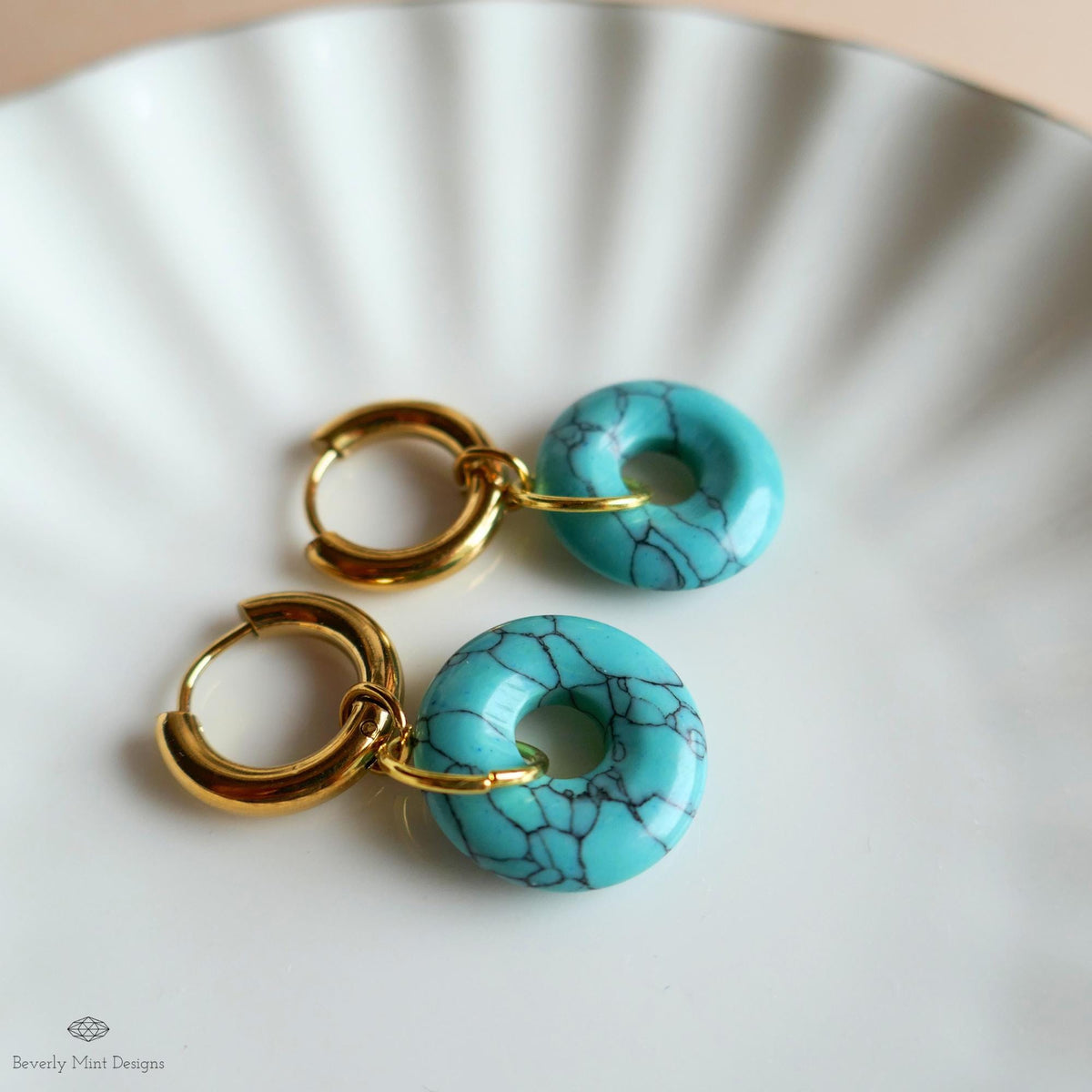 Blue Turquoise Donut Earrings, December Birthstone Hoops, Chunky Gold Earrings, Natural Stone Jewelry,
