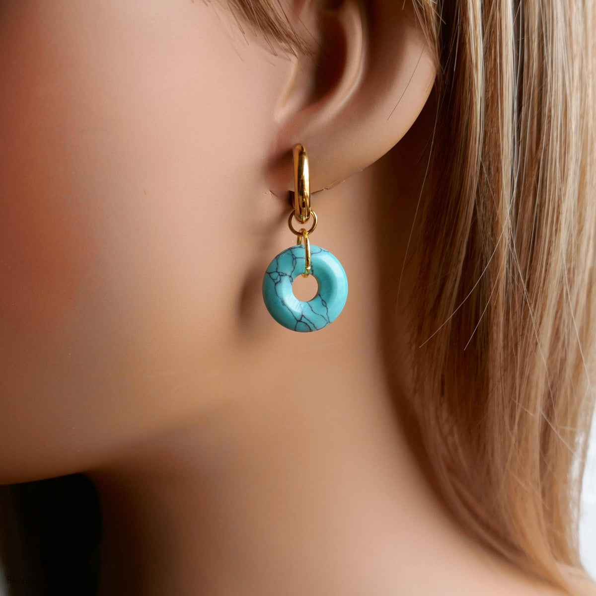 Blue Turquoise Donut Earrings, December Birthstone Hoops, Chunky Gold Earrings, Natural Stone Jewelry,