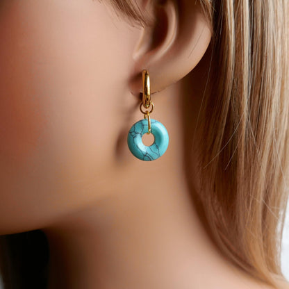 Blue Turquoise Donut Earrings, December Birthstone Hoops, Chunky Gold Earrings, Natural Stone Jewelry,