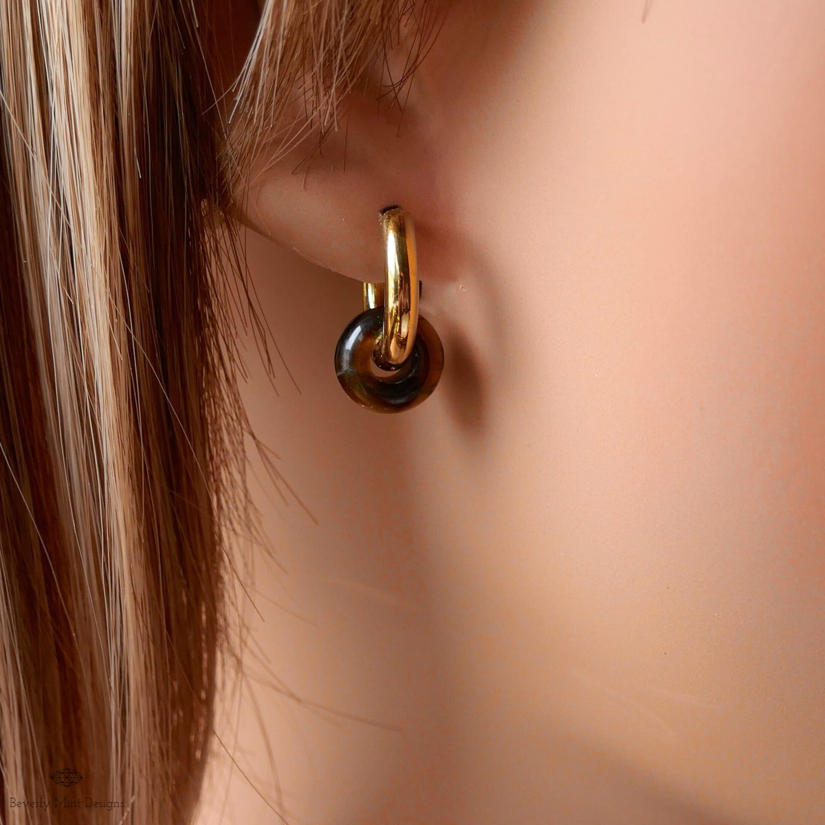 Chunky Gold Hoop Earrings with Tiger’s Eye Donut Charm, Modern Everyday Earrings, Natural Stone Jewelry,