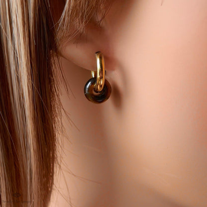 Chunky Gold Hoop Earrings with Tiger’s Eye Donut Charm, Modern Everyday Earrings, Natural Stone Jewelry,