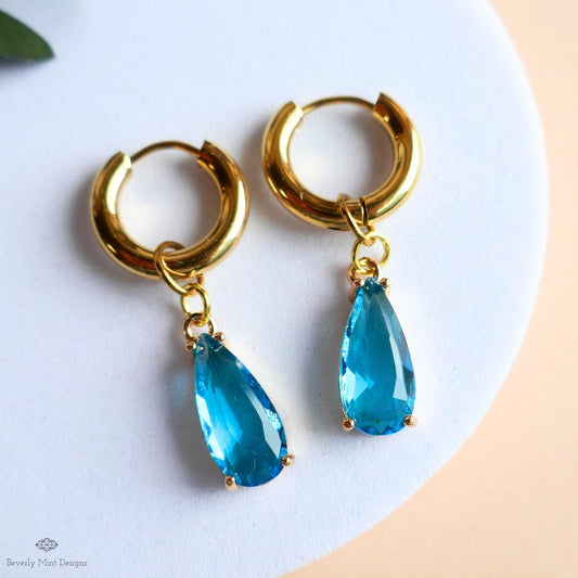 Blue Crystal Earrings, Gold Teardrop Huggie, Elegant Hoop Drop Earrings, Aqua Statement Jewelry, Minimalist