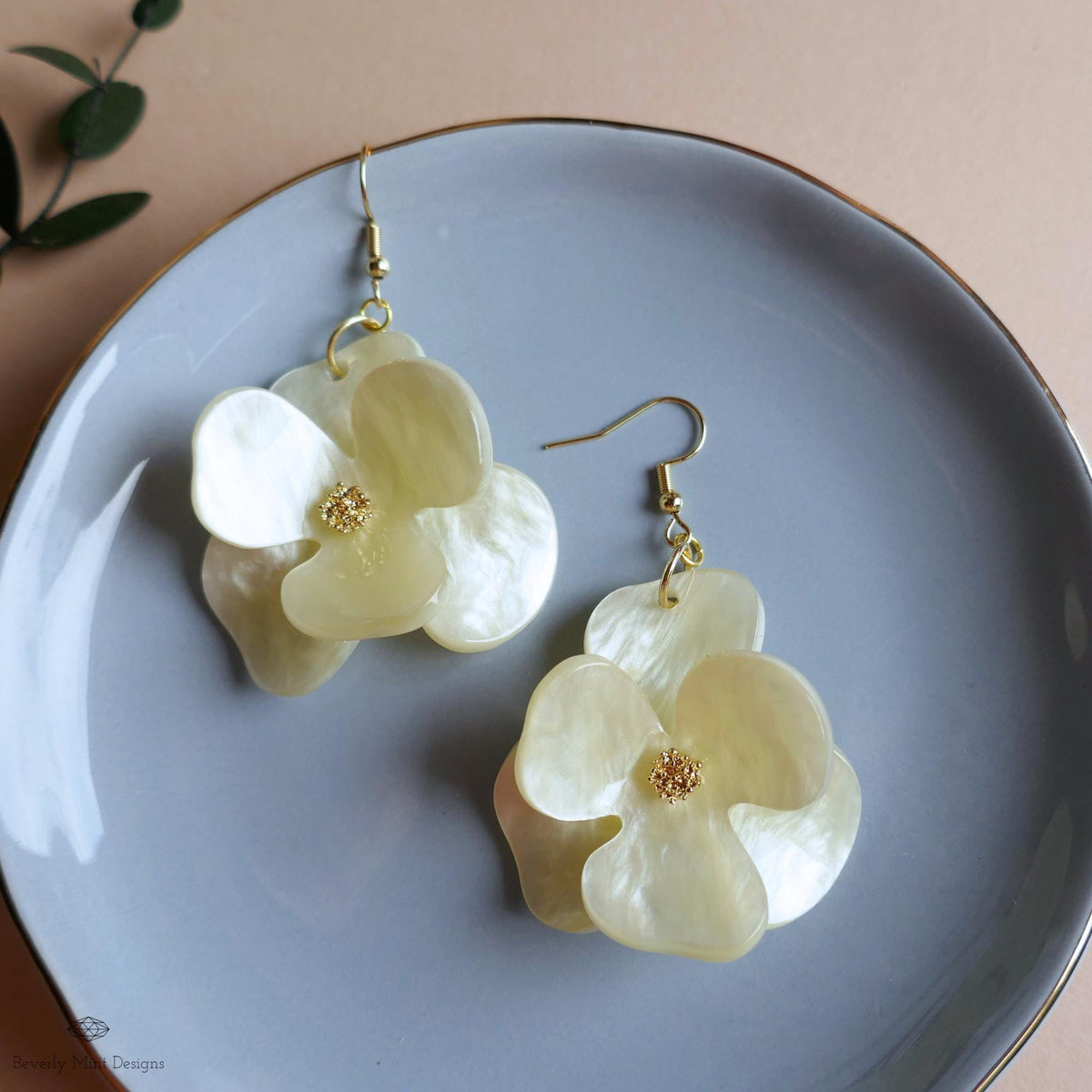 Mother of Pearl Style Flower Earrings, Iridescent Acrylic Dangle Earrings , Lightweight Statement Jewelry, Sensitive Ear & Clip-On Options