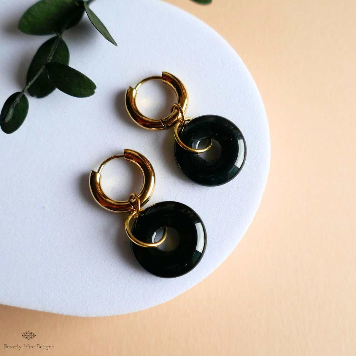 Black Agate Donut Earrings, Chunky Gold Hoops, Natural Stone Jewelry, Black Dangle Earrings,