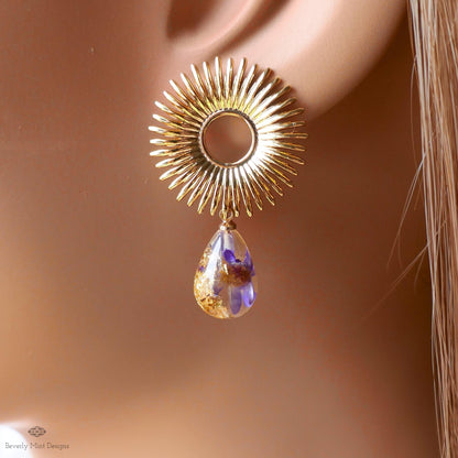 Gold Sunburst Resin Drop Earrings with Flowers and Gold Flakes, Statement Earrings, Boho Jewelry,