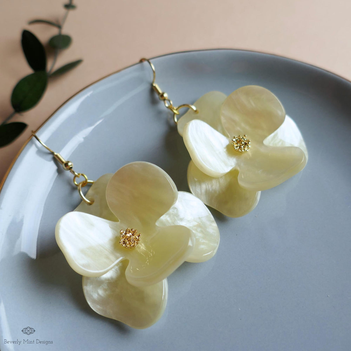 Mother of Pearl Style Flower Earrings, Iridescent Acrylic Dangle Earrings , Lightweight Statement Jewelry, Sensitive Ear & Clip-On Options