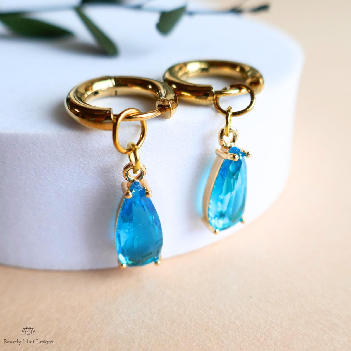 Blue Crystal Earrings, Gold Teardrop Huggie, Elegant Hoop Drop Earrings, Aqua Statement Jewelry, Minimalist