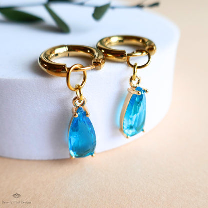 Blue Crystal Earrings, Gold Teardrop Huggie, Elegant Hoop Drop Earrings, Aqua Statement Jewelry, Minimalist