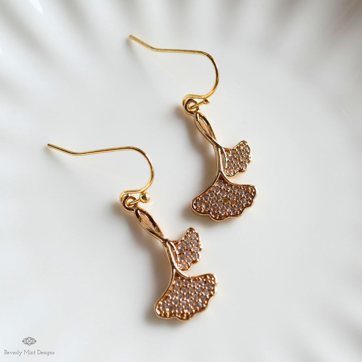 Gold Ginkgo Leaf Earrings, Sparkly Zircon Dangle, Botanical Drop Earrings, Nature Inspired Jewelry, Elegant, Sensitive Ear & Clip-On Options