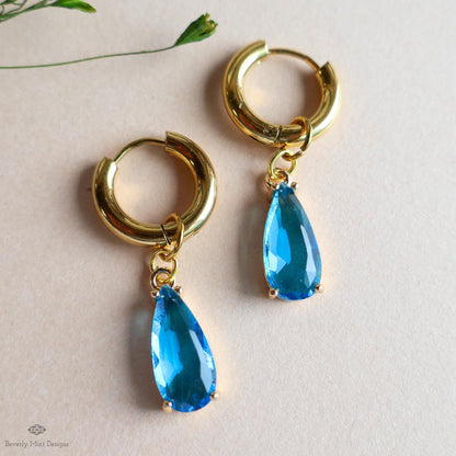 Blue Crystal Earrings, Gold Teardrop Huggie, Elegant Hoop Drop Earrings, Aqua Statement Jewelry, Minimalist