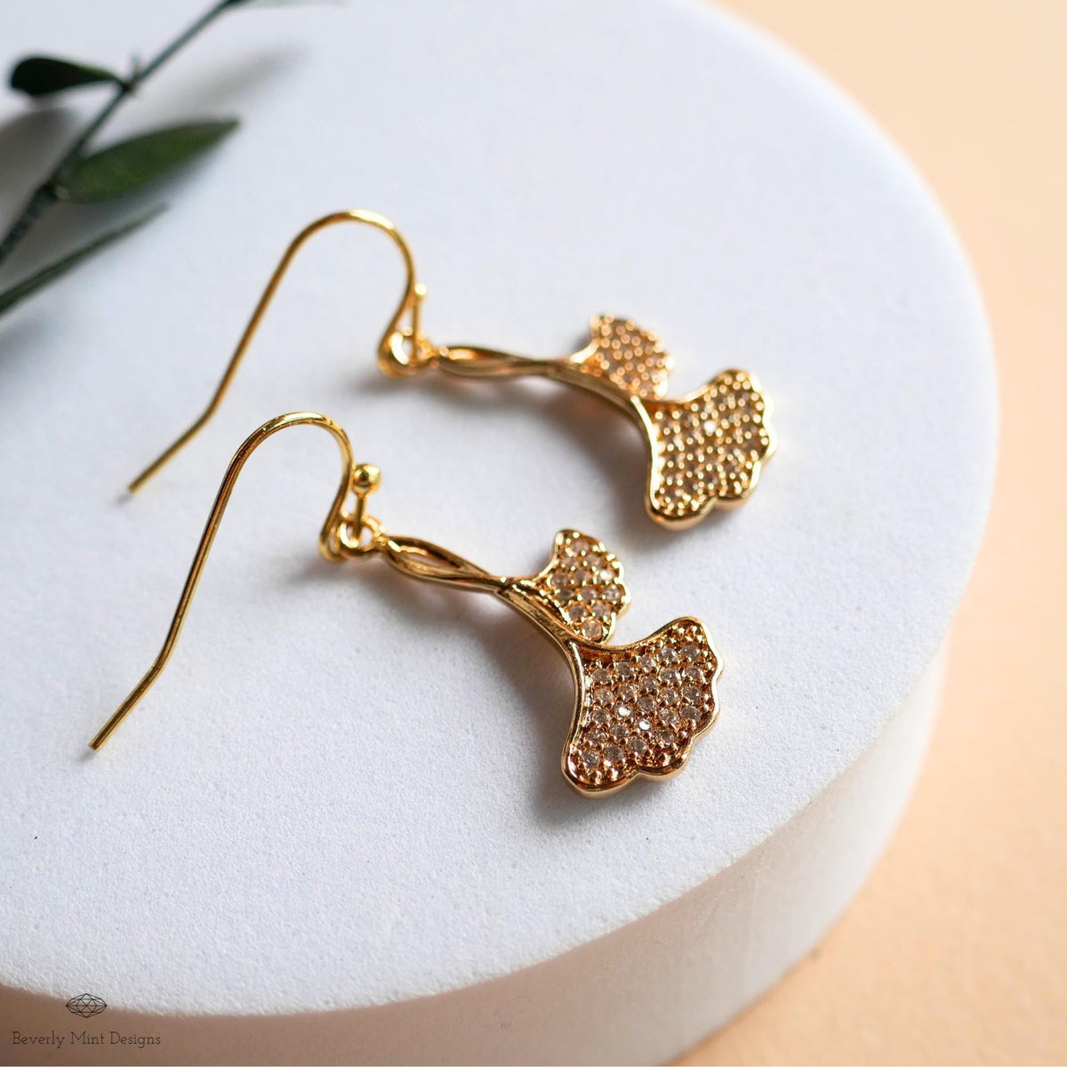 Gold Ginkgo Leaf Earrings, Sparkly Zircon Dangle, Botanical Drop Earrings, Nature Inspired Jewelry, Elegant, Sensitive Ear & Clip-On Options