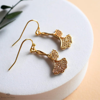 Gold Ginkgo Leaf Earrings, Sparkly Zircon Dangle, Botanical Drop Earrings, Nature Inspired Jewelry, Elegant, Sensitive Ear & Clip-On Options
