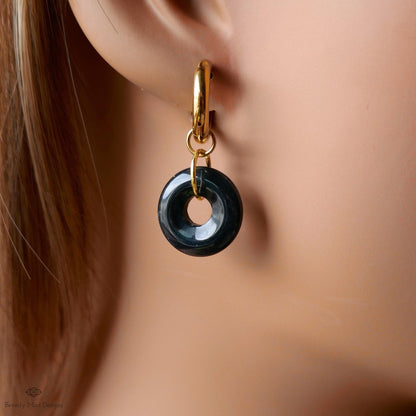 Black Agate Donut Earrings, Chunky Gold Hoops, Natural Stone Jewelry, Black Dangle Earrings,