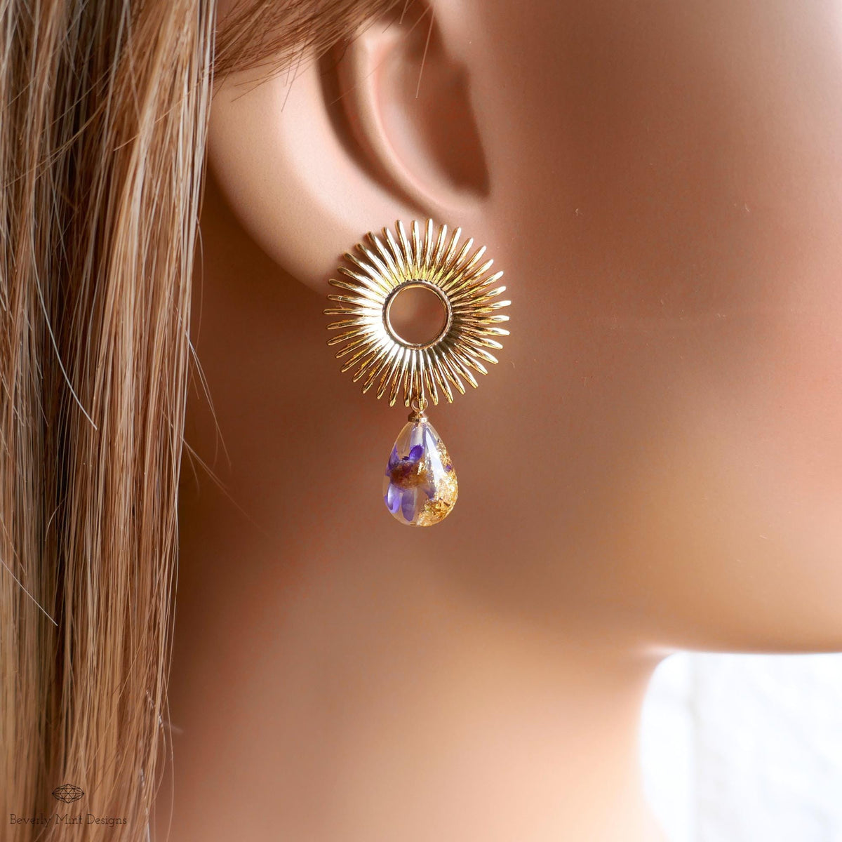 Gold Sunburst Resin Drop Earrings with Flowers and Gold Flakes, Statement Earrings, Boho Jewelry,