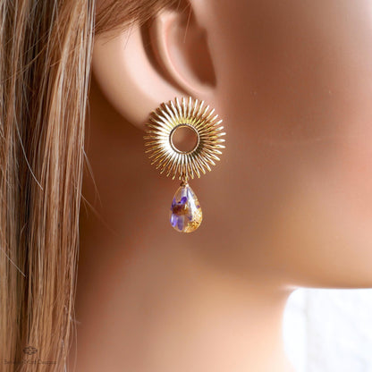 Gold Sunburst Resin Drop Earrings with Flowers and Gold Flakes, Statement Earrings, Boho Jewelry,
