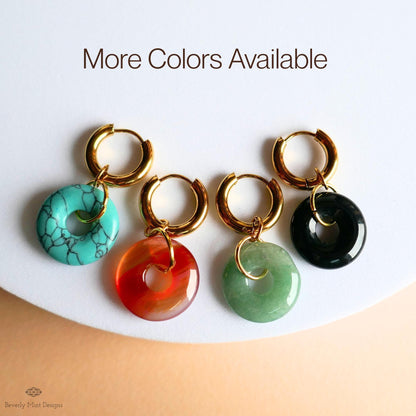 Black Agate Donut Earrings, Chunky Gold Hoops, Natural Stone Jewelry, Black Dangle Earrings,
