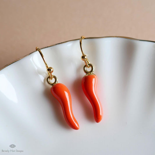 Chili Pepper Earrings, Orange Pepper Dangle, Gold Hook Earrings, Fun Earrings, Spicy Statement Earrings, Sensitive Ear & Clip-On Options